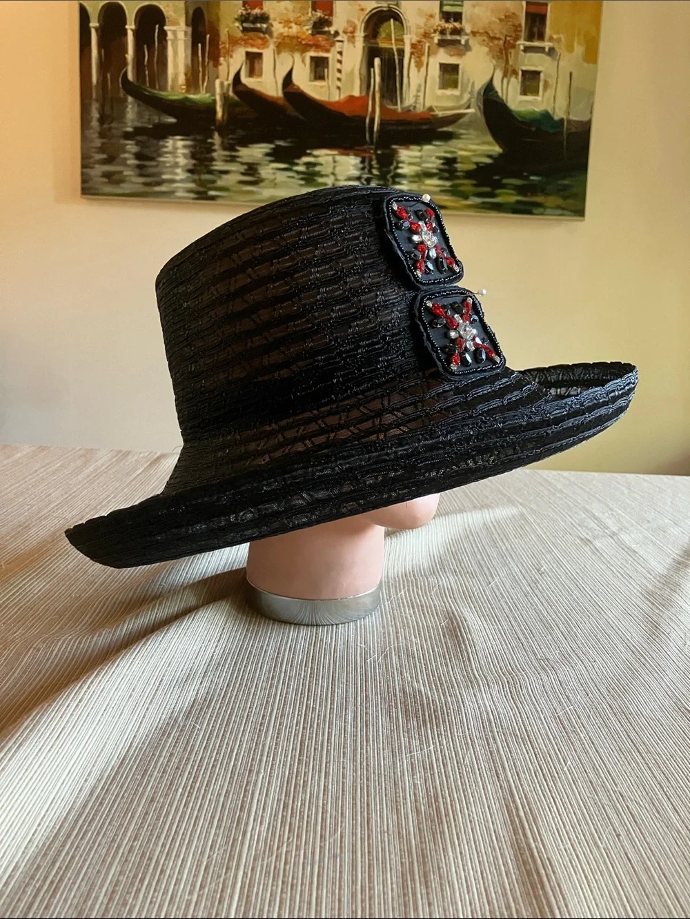 Chic Black Wide-Brim Hat with Red Jewel Accents